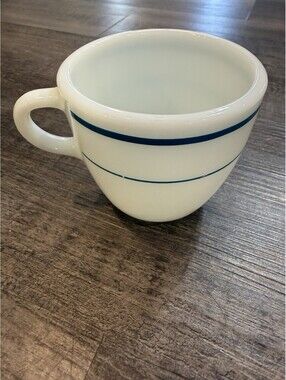 Pyrex Tableware By Corning White Milk Glass Coffee Cup/Mug Teal Blue Stripe 723